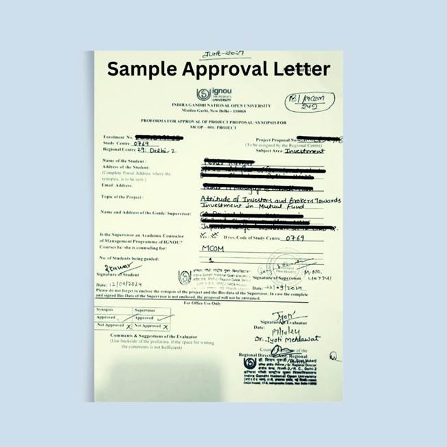 IGNOU MCOM Project Synopsis Approval Letter