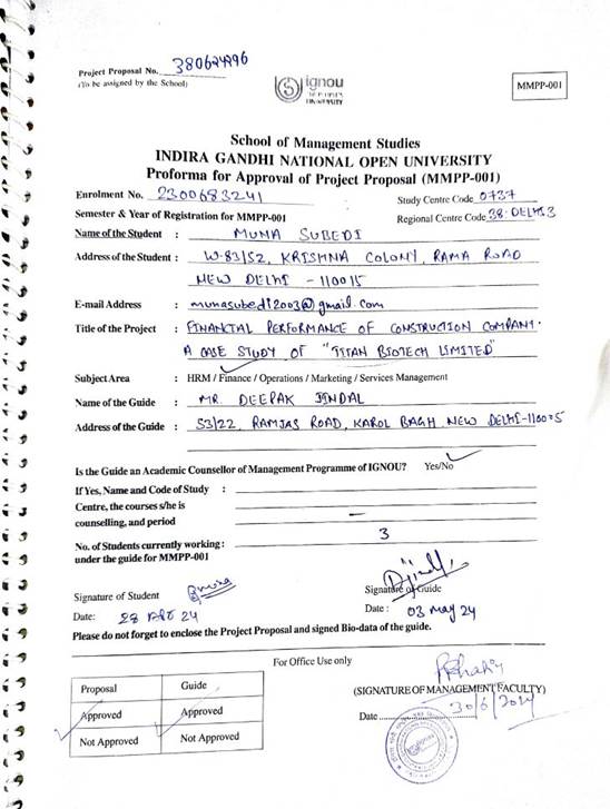 IGNOU MBA Project Synopsis Approval Letter