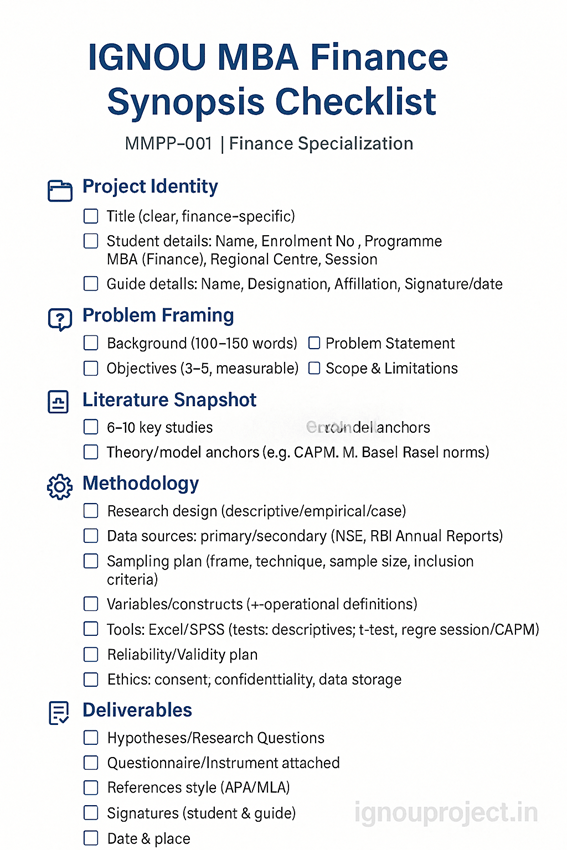 IGNOU MBA Finance Synopsis Checklist